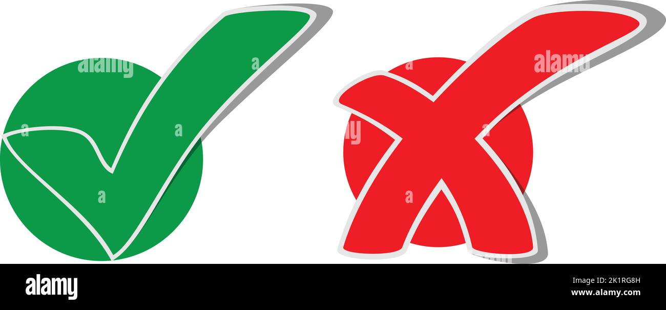Icone con segno di spunta verde e X rossa su sfondo bianco. Illustrazione vettoriale Illustrazione Vettoriale