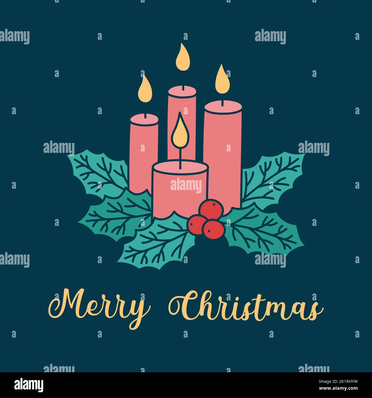 Carino Christmas biglietto di auguri con candele e foglie agrifoglio. Illustrazione vettoriale quadrata di quattro candele e foglie di leccio. Composizione dell'Avvento di Natale Illustrazione Vettoriale
