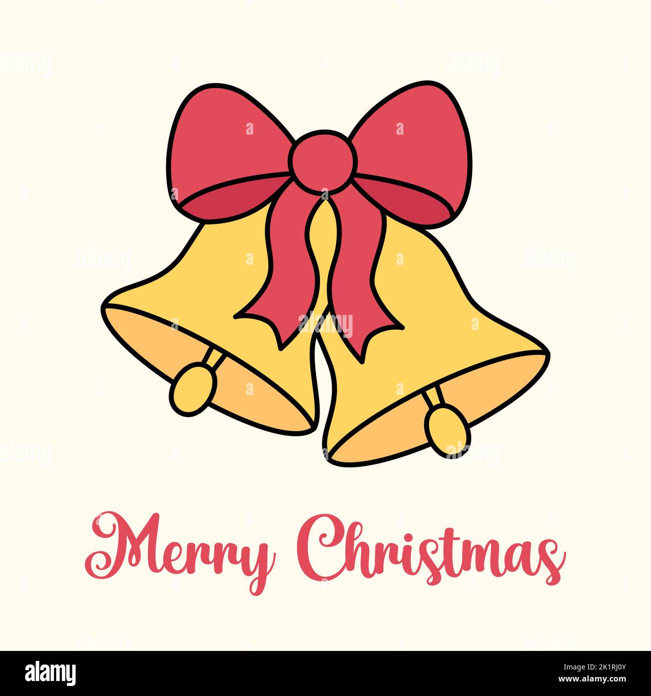 Carino auguri di buon Natale con campane d'oro e arco. Illustrazione vettoriale quadrata di due campane jingle di contorno. Composizione del simbolo di Natale a Illustrazione Vettoriale