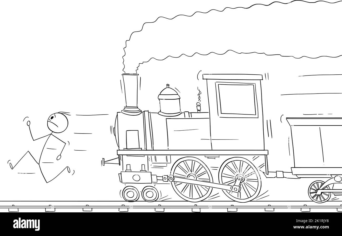 Persona che corre in pista lontano dal treno a vapore, figura su bastone vettoriale Illustrazione Vettoriale
