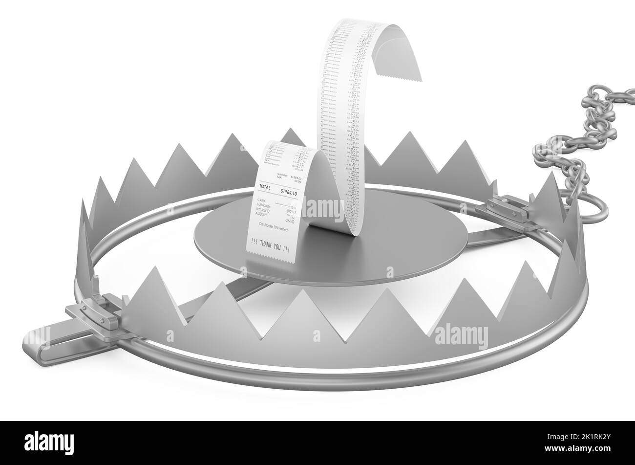 Trappola da orso con ricevuta stampata, 3D rendering isolato su sfondo bianco Foto Stock