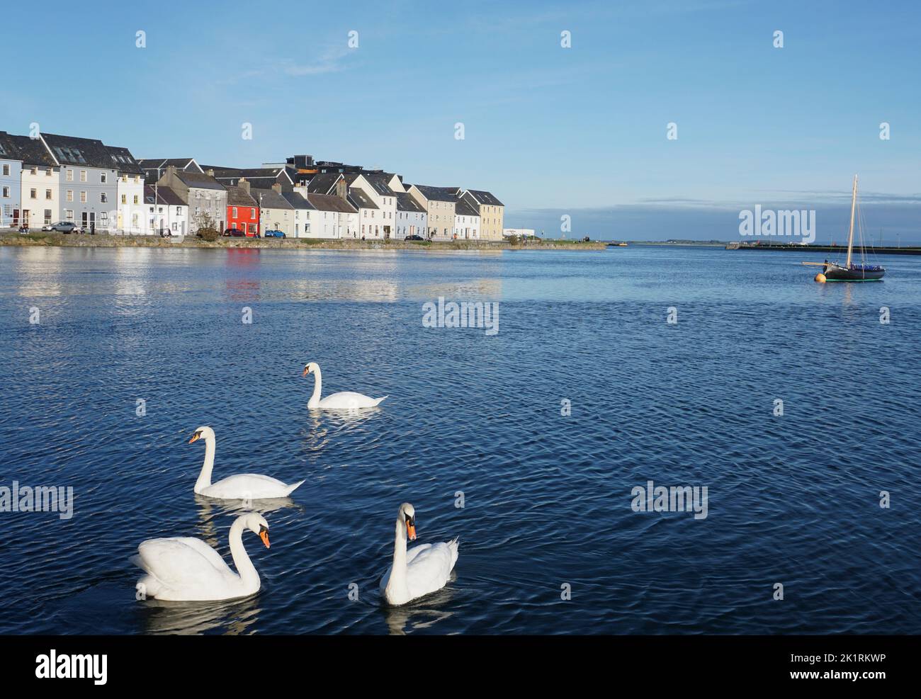 Galway, Irlanda: Fiume Corrib con cigni e una barca a vela, guardando verso le case sulla lunga passeggiata sullo sfondo del cielo blu Foto Stock