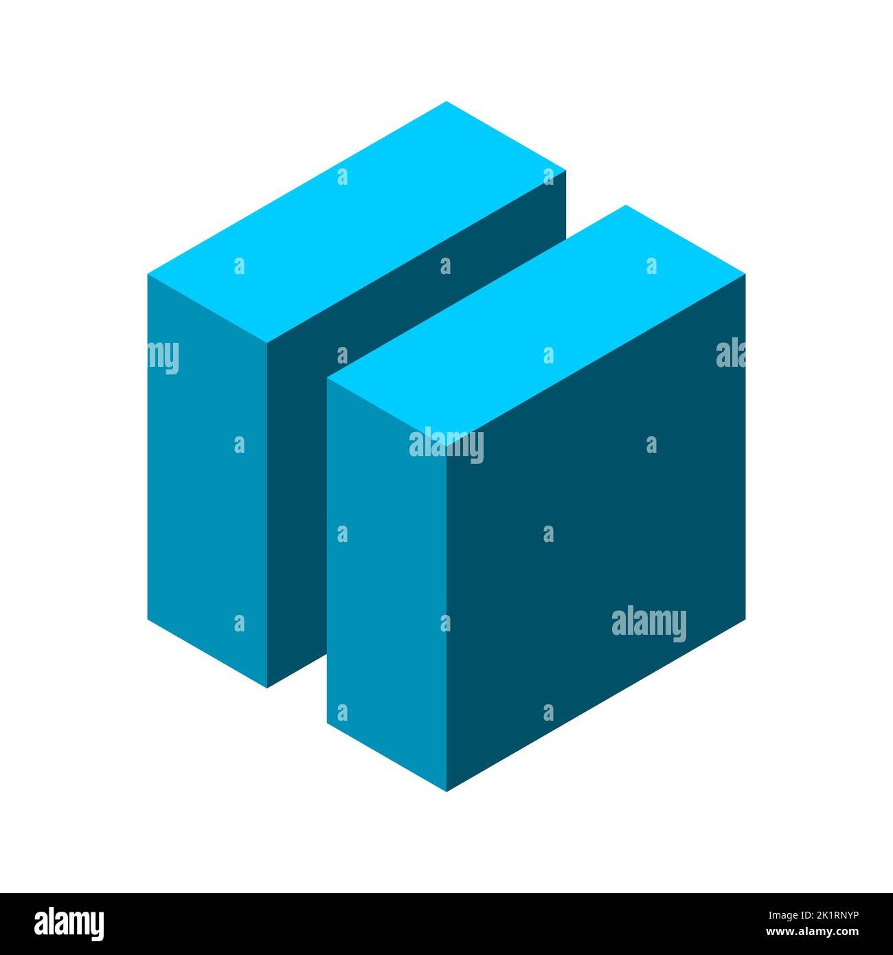3D cubo composto da due elementi verticali. Modello con logo i a doppia lettera. Oggetto esagonale isometrico. Due pareti o edifici di forte concezione. Vettore Illustrazione Vettoriale