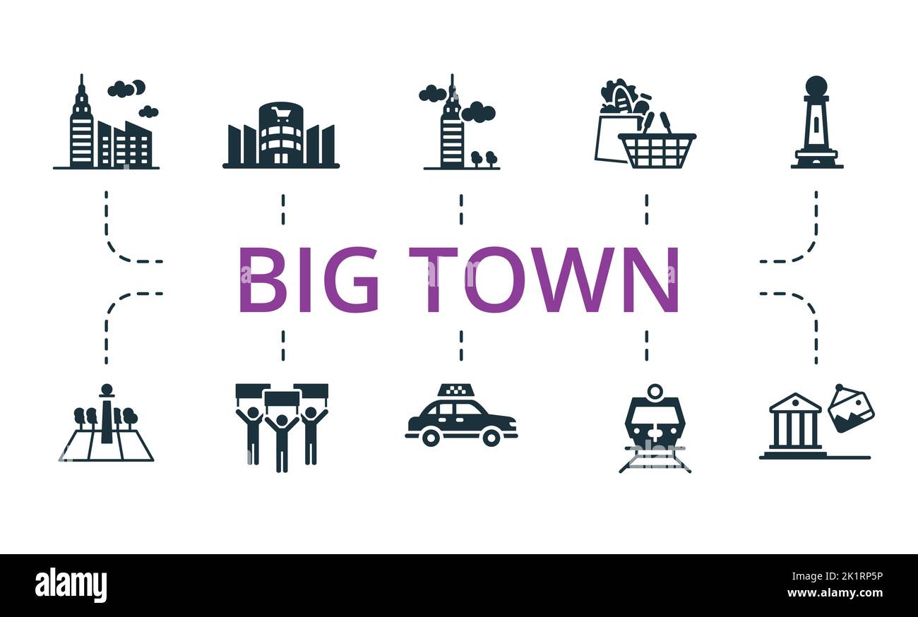 Icona Big Town Set. Icone modificabili tema città grande come grattacielo, taxi, piazza e molto altro. Illustrazione Vettoriale