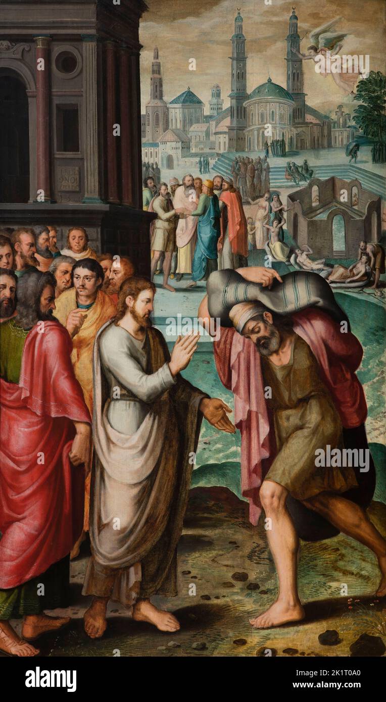 Cristo guarisce il paralitico nella piscina di Bethesda (Trittico, pannello laterale destro). Museo: Musée des Beaux-Arts, Verviers. AUTORE: JEAN DE ROBIONOY. Foto Stock
