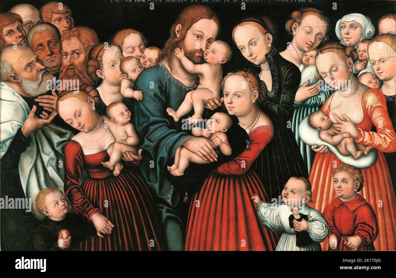 Lucas Cranach el Viejo (1472-1553)/ Jesús bendice a los niños (1535-40). Óleo tabla sobre, 84x122. Städelsches Kunstinstitut (Francoforte, Alemania). MUSEO: STAEDELSCHES KUNSTINSTITUT, FRANCOFORTE SUL MENO, GERMANIA. Foto Stock