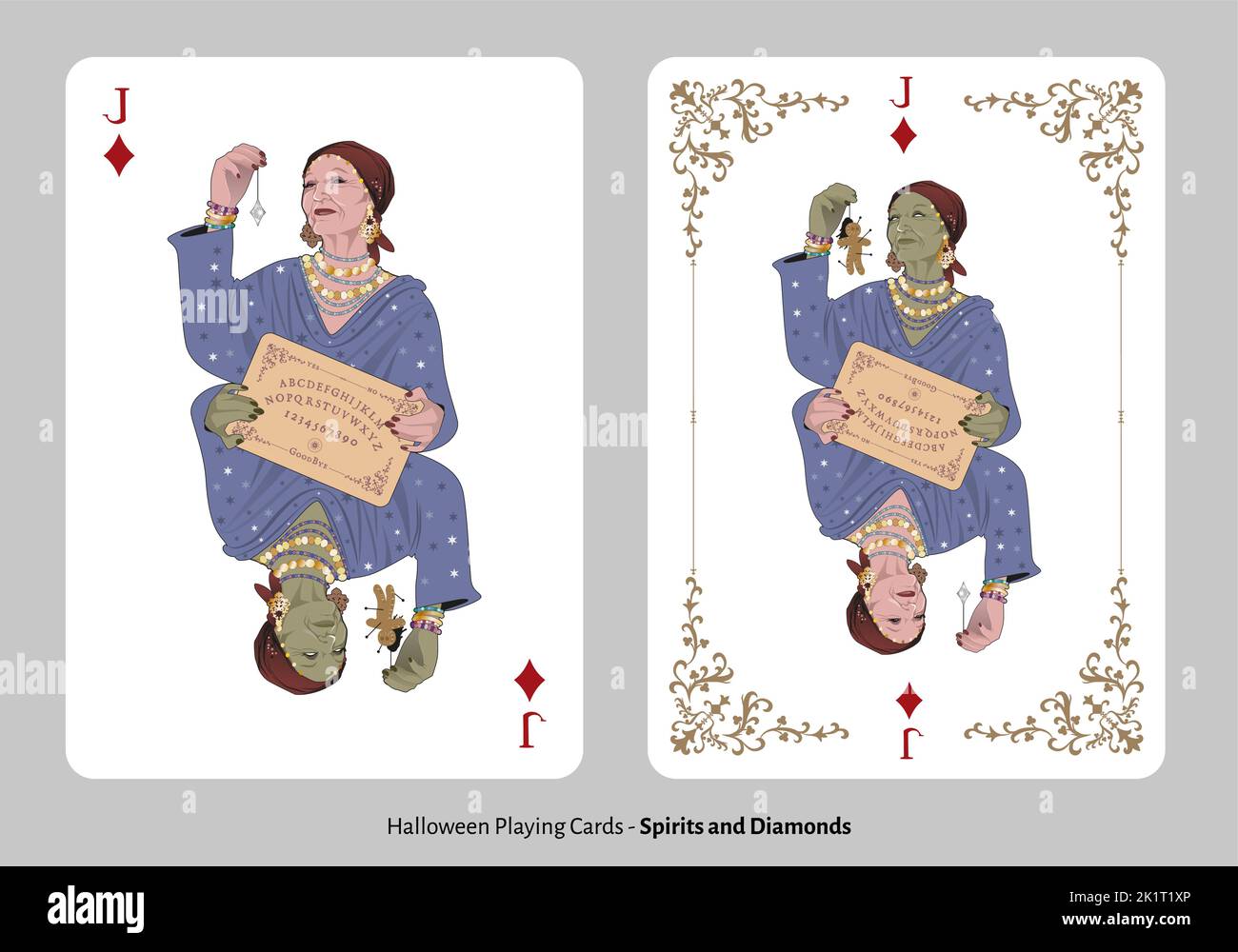 Carte da gioco di Halloween. Diamanti Jack. Pitonessa che tiene un pendolo di diamante e Ouija bordo per convocare gli spiriti. Strega che tiene una bambola voodoo. Illustrazione Vettoriale