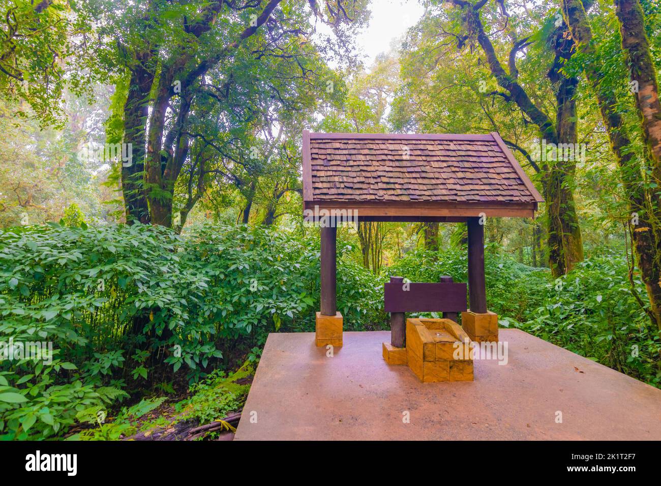 Doi Inthanon parco nazionale, Thailandia. Piccola casa di legno usata per gettare per il turista. Prova di fortuna nella foresta pluviale tropicale. Foto Stock