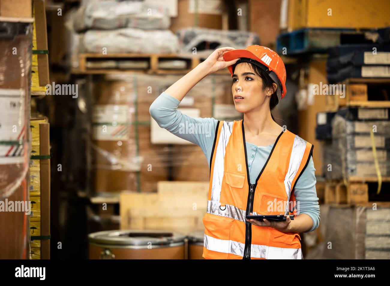 Le donne lavorano al responsabile dell'inventario dei prodotti di magazzino nell'industria di spedizione asiatica Foto Stock