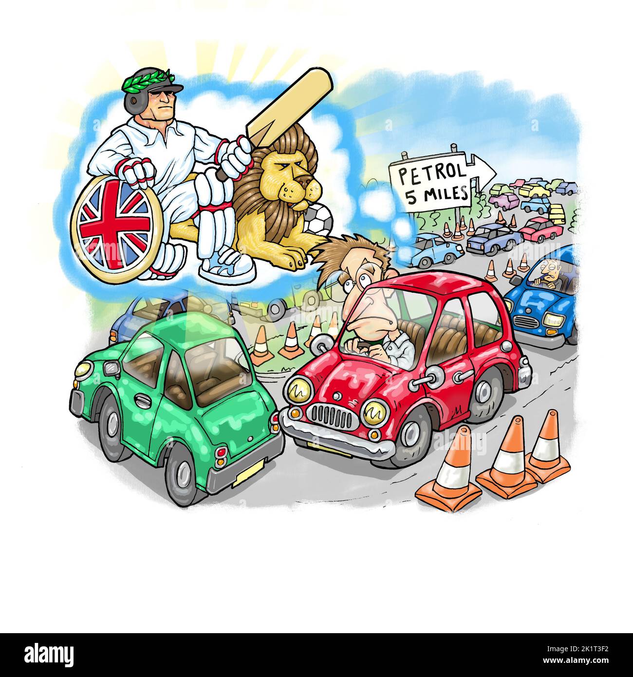 Cartoon art, uomo bloccato in traffico jam / dogana coda sognando stereotipi inglesi di cricket, Britannia, e leoni versano le realtà post Brexit Foto Stock