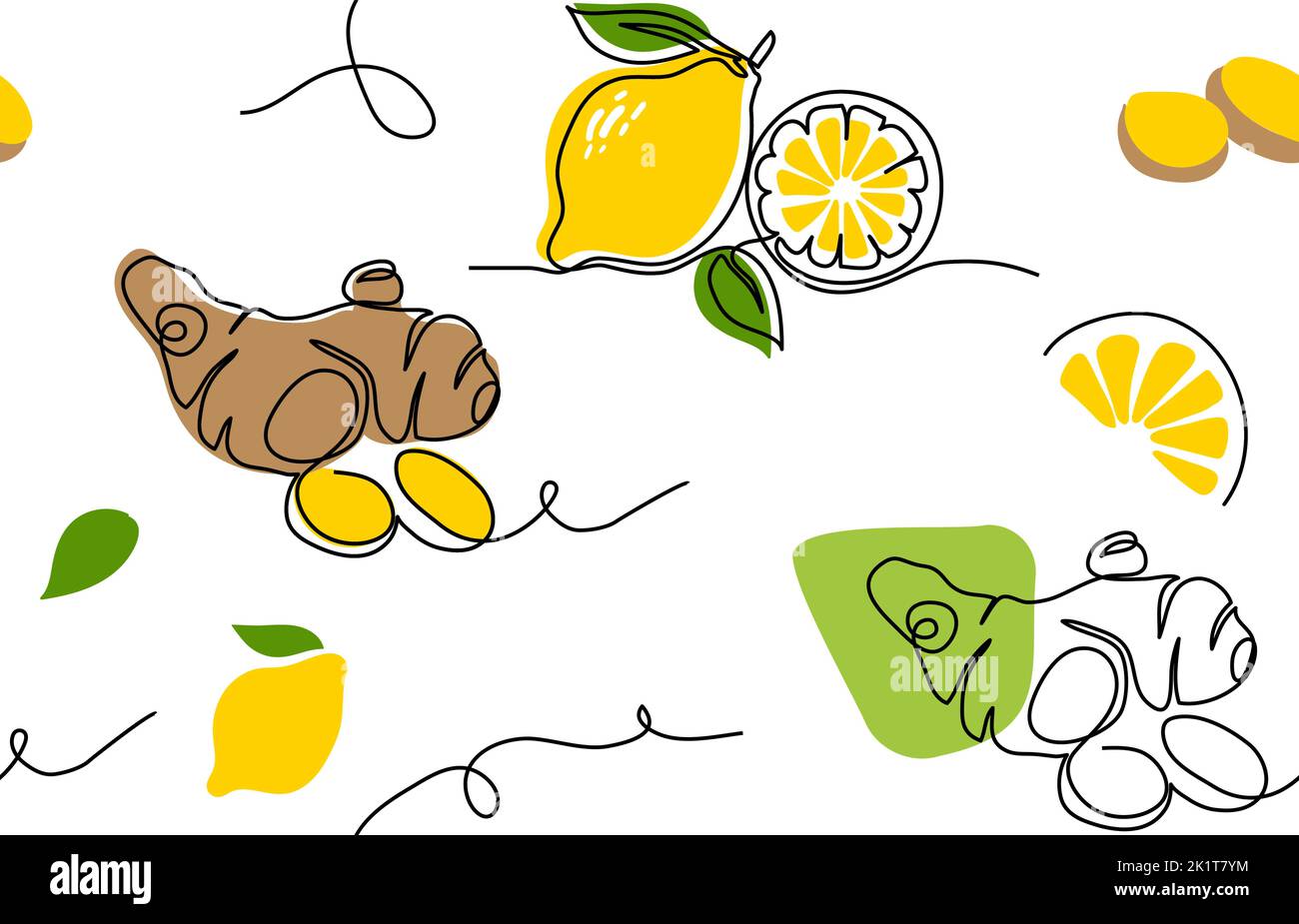 Modello vettoriale di zenzero e limone. Un disegno a linea continua per la decorazione della cucina o del caffè, il confezionamento di tè o bevande Illustrazione Vettoriale