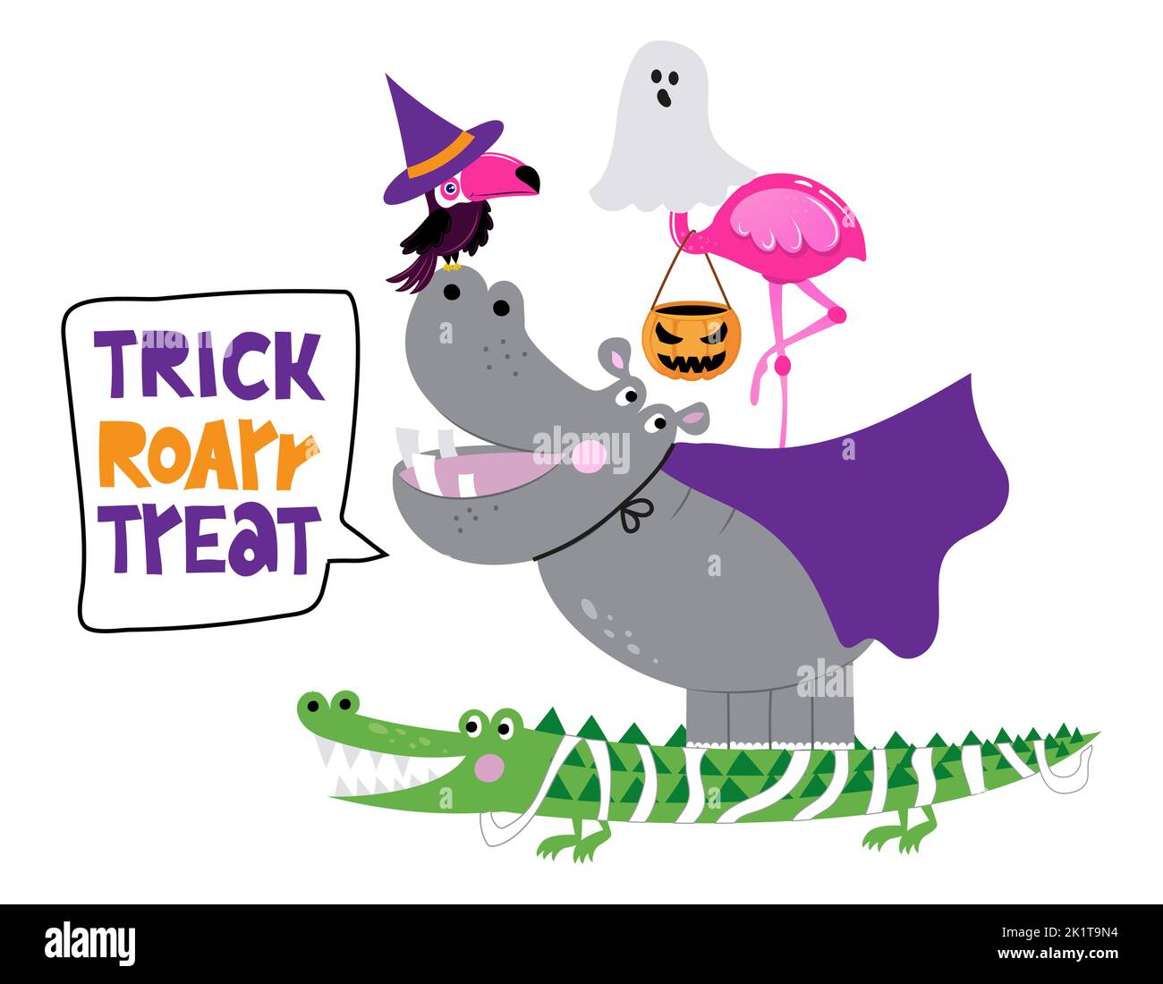 Trucco o trattare - Cauto Coccodrillo, ippopotamo e flamingo design per Halloween. Poster con lettere o design grafico in tessuto per t-shirt. Carino flamingo ch Illustrazione Vettoriale