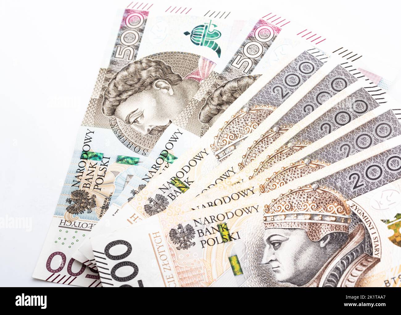 Banconote polacche di grosso taglio, 200 e 500 zlotys. Denaro in valuta polacca. Foto Stock