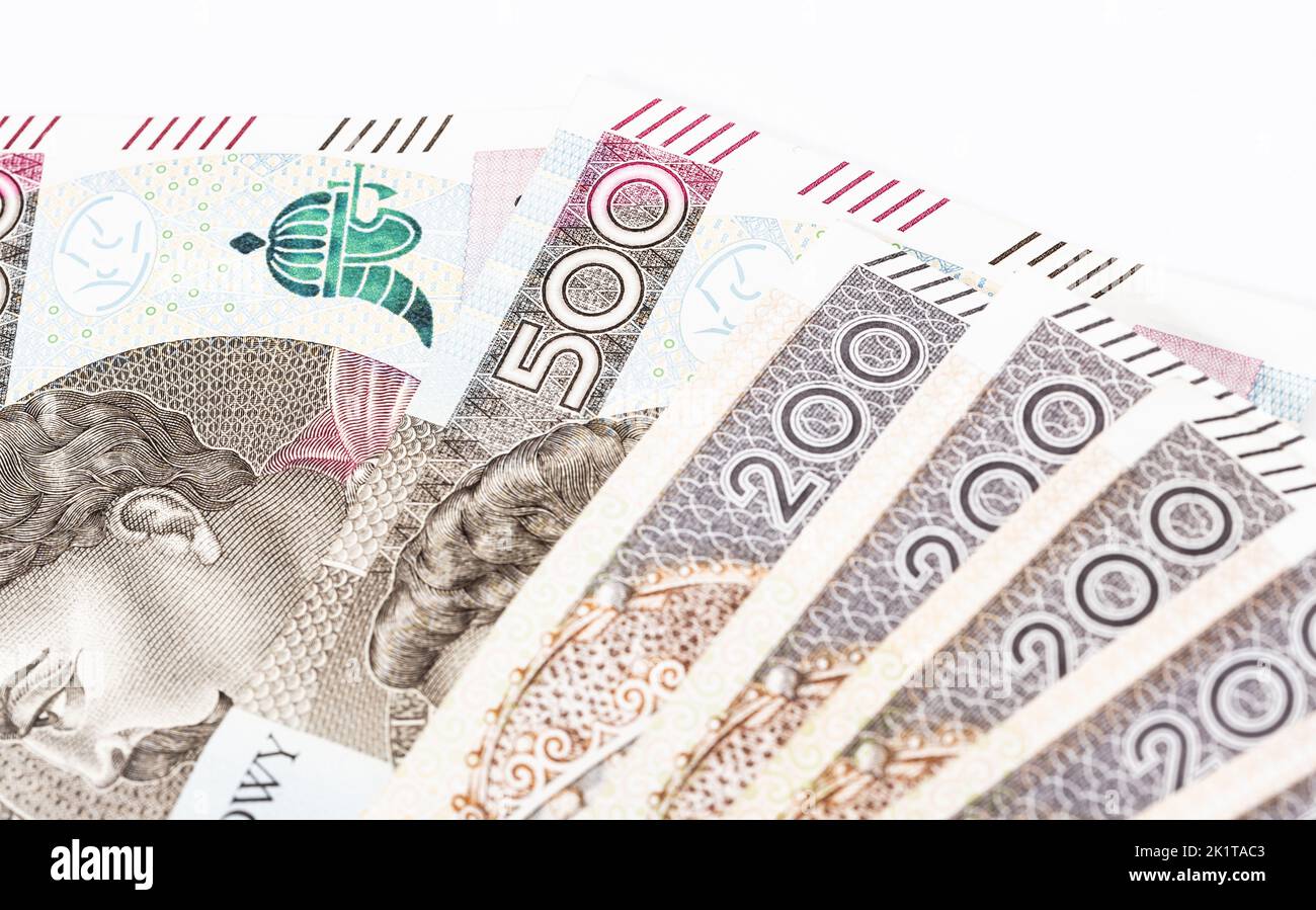Banconote polacche di grosso taglio, 200 e 500 zlotys. Denaro in valuta polacca. Foto Stock