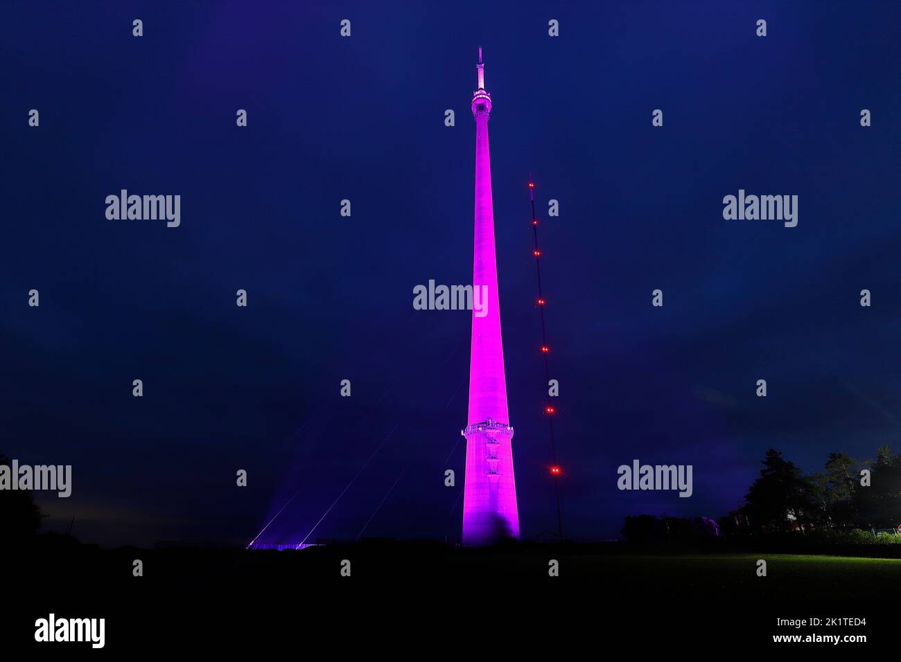 La più alta struttura indipendente del Regno Unito, la Torre Arqiva, fu illuminata in un tributo viola a sua Maestà la Regina Elisabetta. Foto Stock