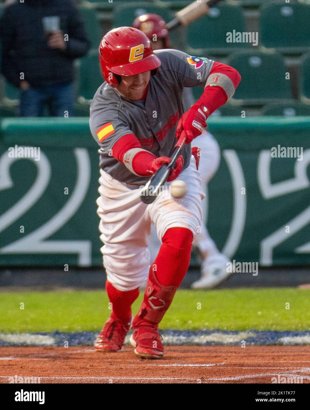 Regensburg, Baviera, Germania. 20th Set, 2022. Spagna Batter JUSTIN CONNELL bunts nella qualificazione World Baseball Classic contro la Gran Bretagna nella Armin Wolf Baseball Arena a Ratisbona, Germania. (Credit Image: © Kai Dambach/ZUMA Press Wire) Foto Stock