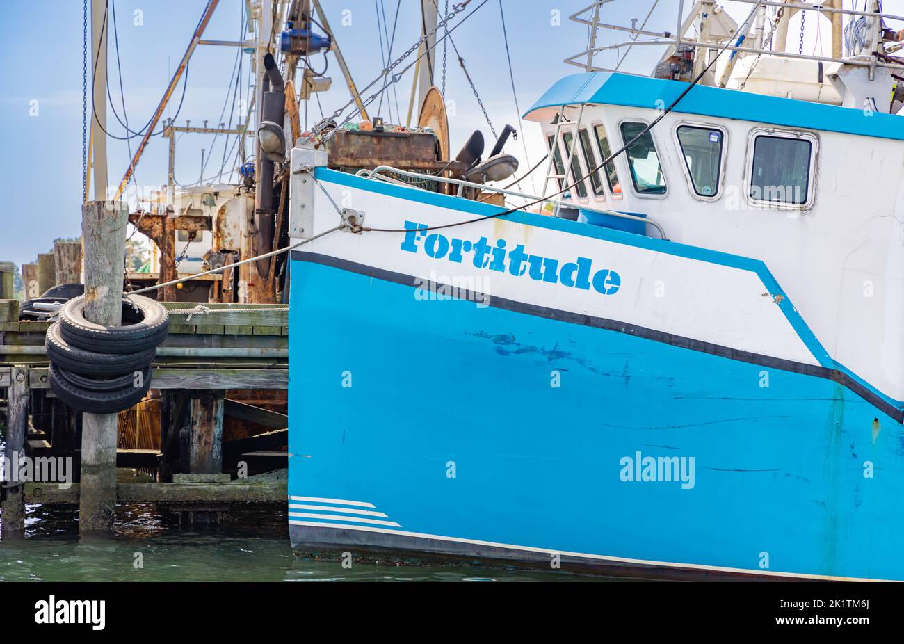 Prua della barca da pesca, Fortitude Foto Stock