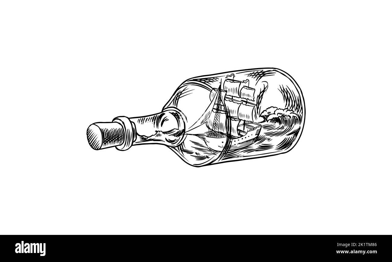 Bottiglia di vetro con una nave. Artigianato a vela. Navi marine pirata. barca a vela nautica sulle onde del mare. Disegno inciso a mano, vintage per Illustrazione Vettoriale