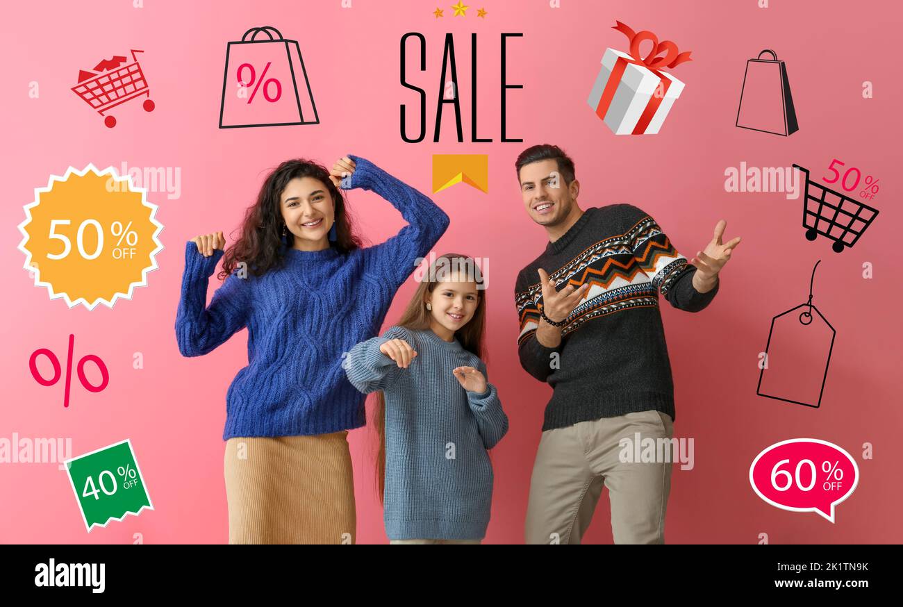 Poster per la vendita di vestiti con famiglia felice Foto Stock