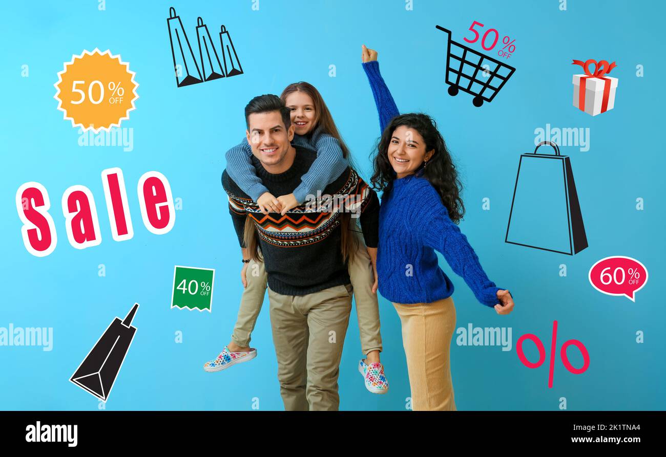 Banner per la vendita di abiti con famiglia felice in maglioni Foto Stock