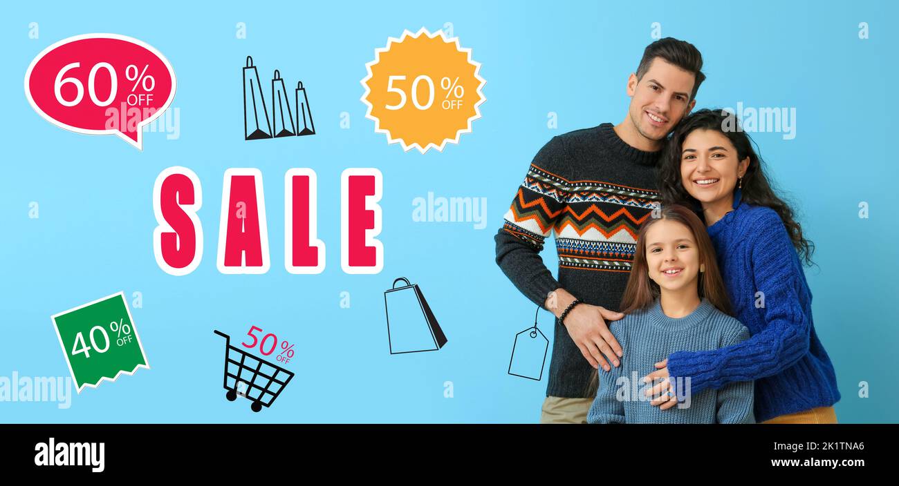 Poster per la vendita di abiti con famiglia felice in maglioni Foto Stock