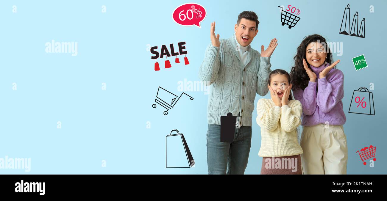 Banner per la vendita di vestiti con famiglia sorpresa in maglioni Foto Stock