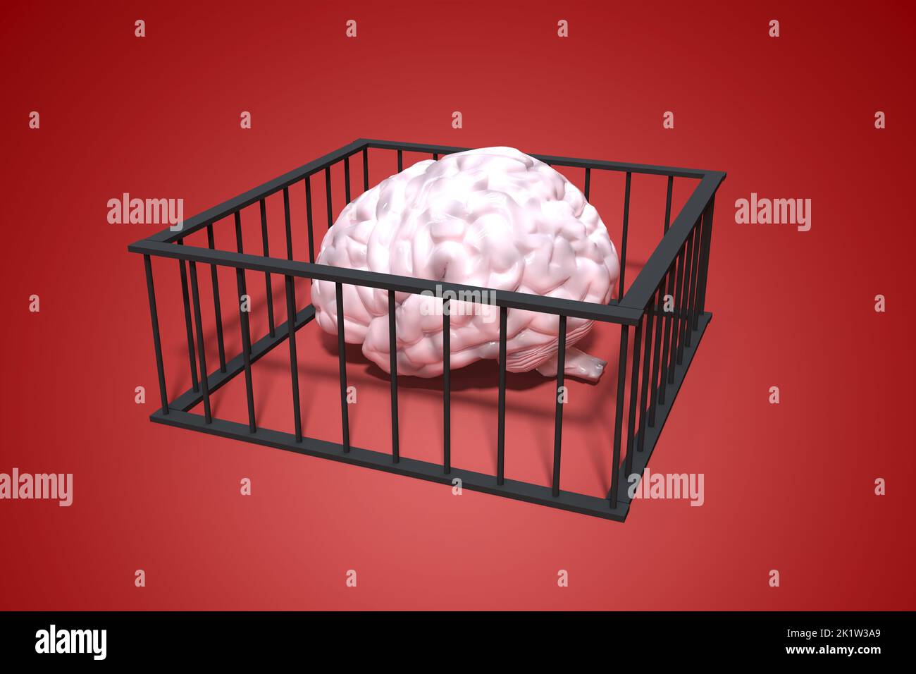Cervello umano in una gabbia su sfondo rosso - rendering 3D Foto Stock