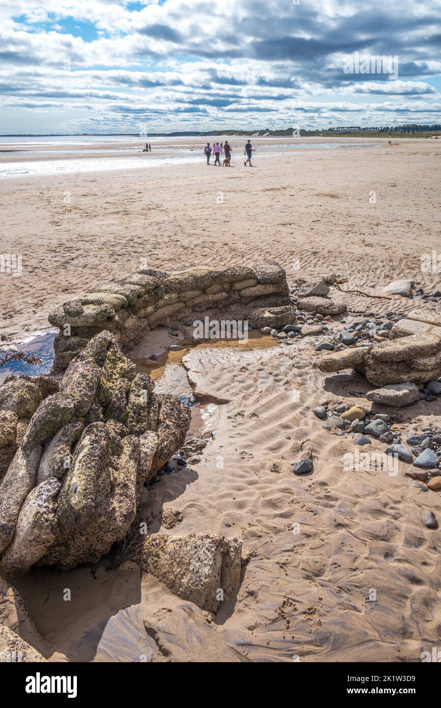 Rovina di una scatola di pillole dalla seconda guerra mondiale difese sulla spiaggia di Alnmouth Bay, Alnmouth, Northumberland, Inghilterra, Regno Unito. Foto Stock