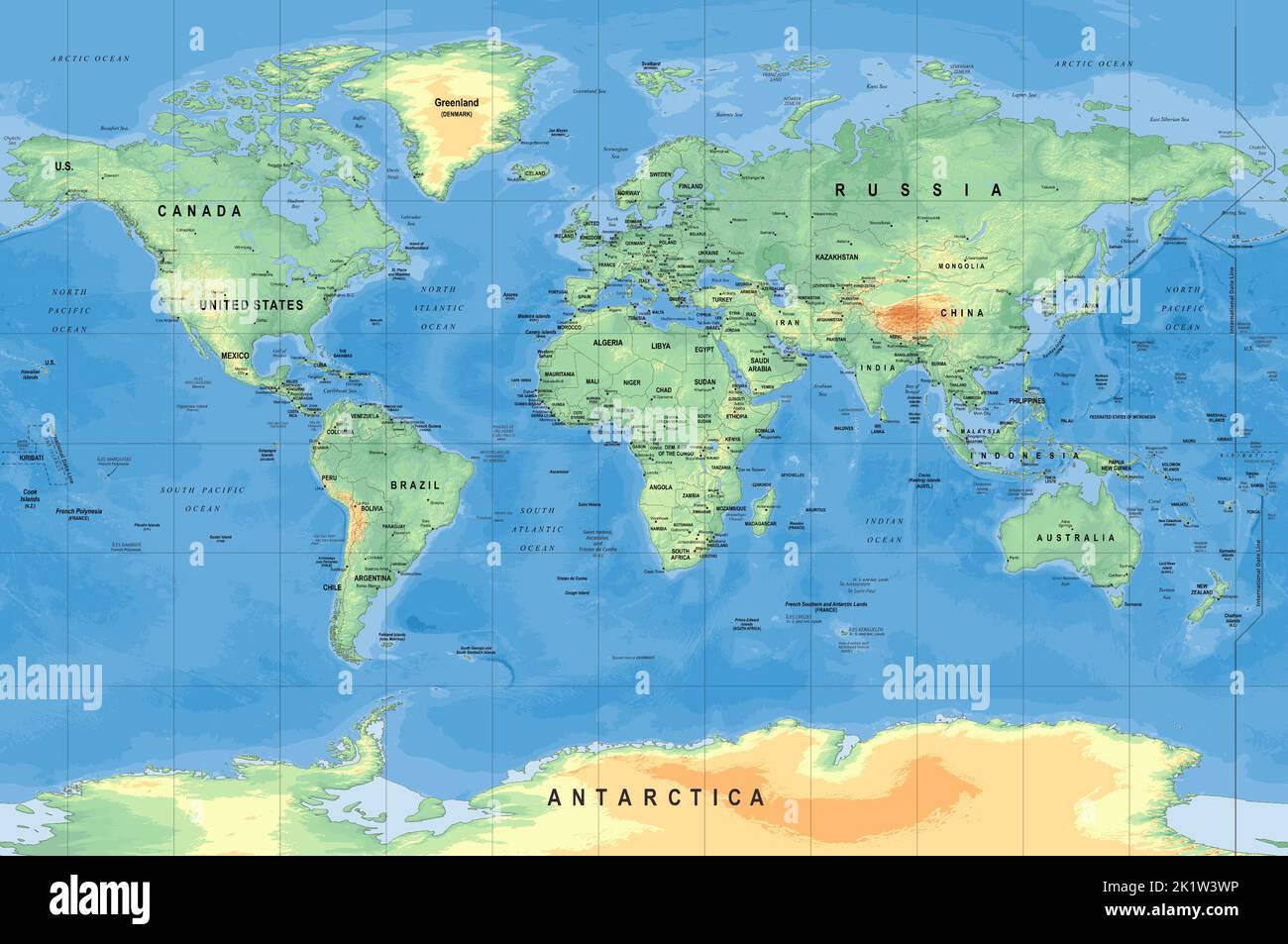 Mappa mondiale topografica modificabile da vettori Illustrazione Vettoriale