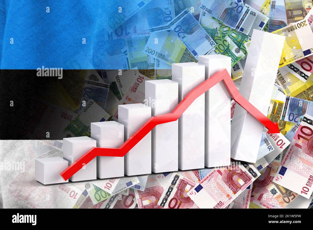 Grafico dell'economia: Freccia verso il basso, banconote in euro e bandiera dell'Estonia (moneta, economia, affari, finanza, crisi) Foto Stock