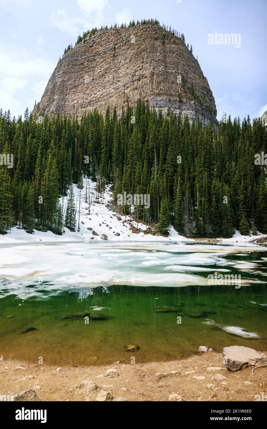 Specchio lago alla base della Beehive; lago Louise; Banff National Park; Alberta; Canada Foto Stock