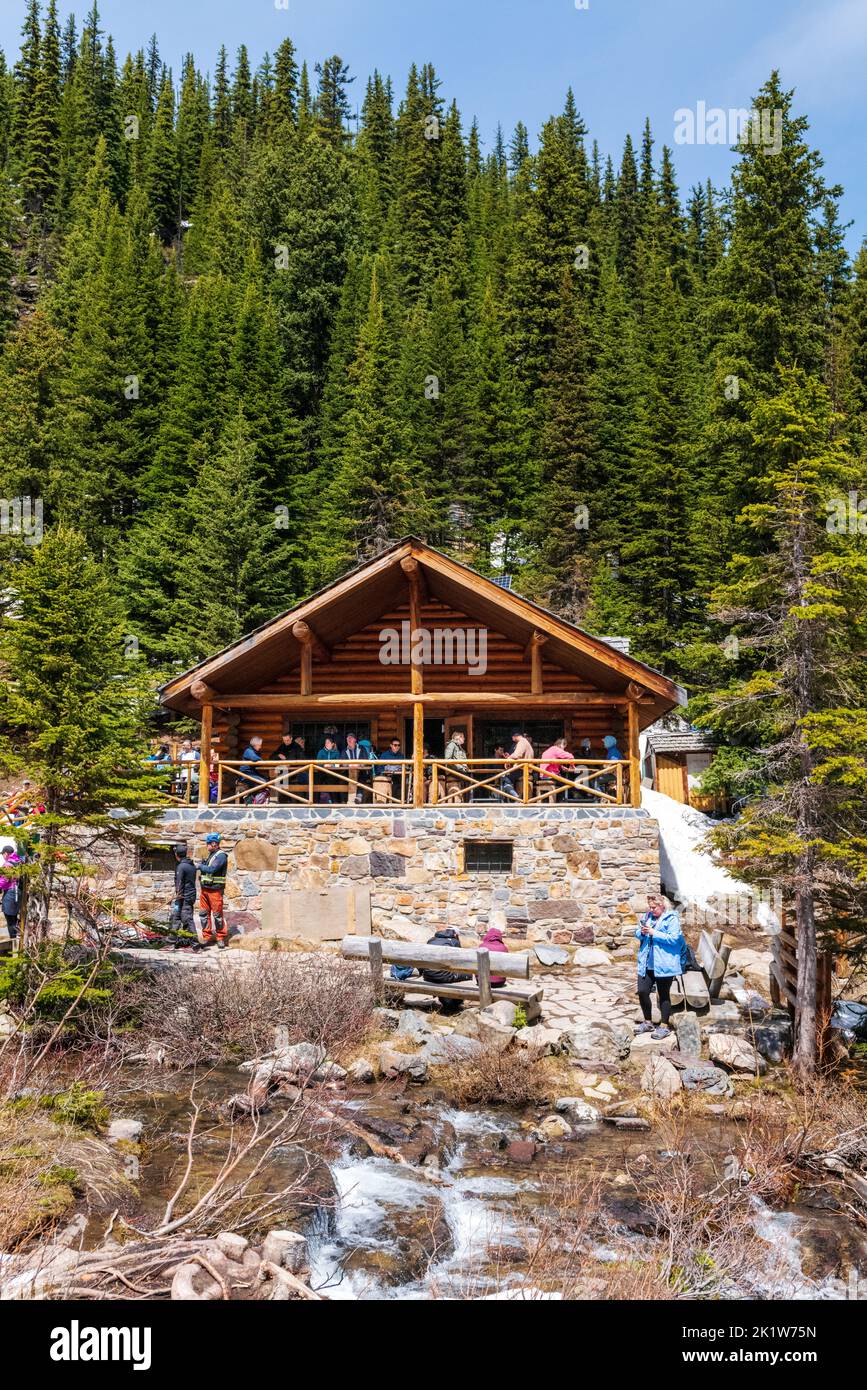 I turisti visitano la casa del tè del lago Agnes; il lago Louise; il parco nazionale di Banff; l'Alberta; il Canada Foto Stock