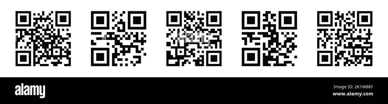 Serie di icone del codice QR. Pittogrammi del codice a barre a matrice isolati su sfondo bianco. Esempi di qrcode con informazioni digitali per la scansione tramite fotocamera del telefono cellulare. Illustrazione grafica vettoriale Illustrazione Vettoriale