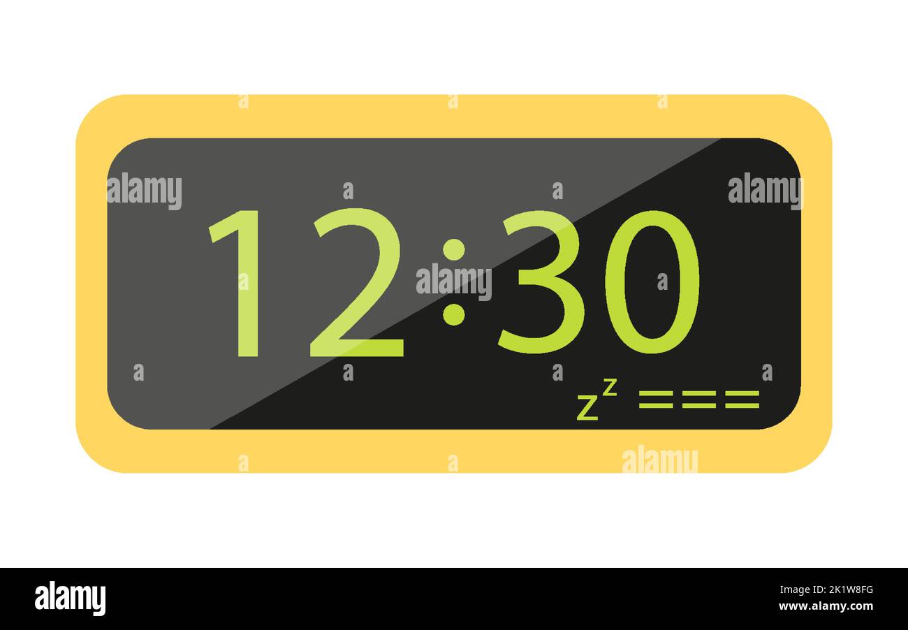Scrivania sveglia con display elettronico giallo piatto. Smartwatch nero schermo simbolo segno di sospensione modalità di controllo notte giorno salute stile di vita gestione del tempo ufficio pc accessorio tracking lavoro riposo gadget Illustrazione Vettoriale