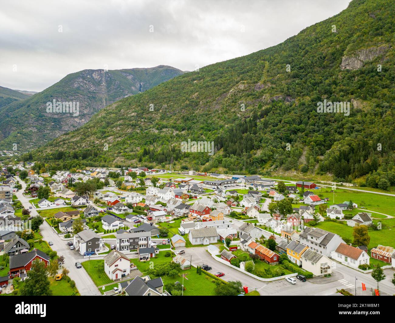 La foto aerea di Laerdal è un comune della contea di Vestland, in Norvegia Foto Stock