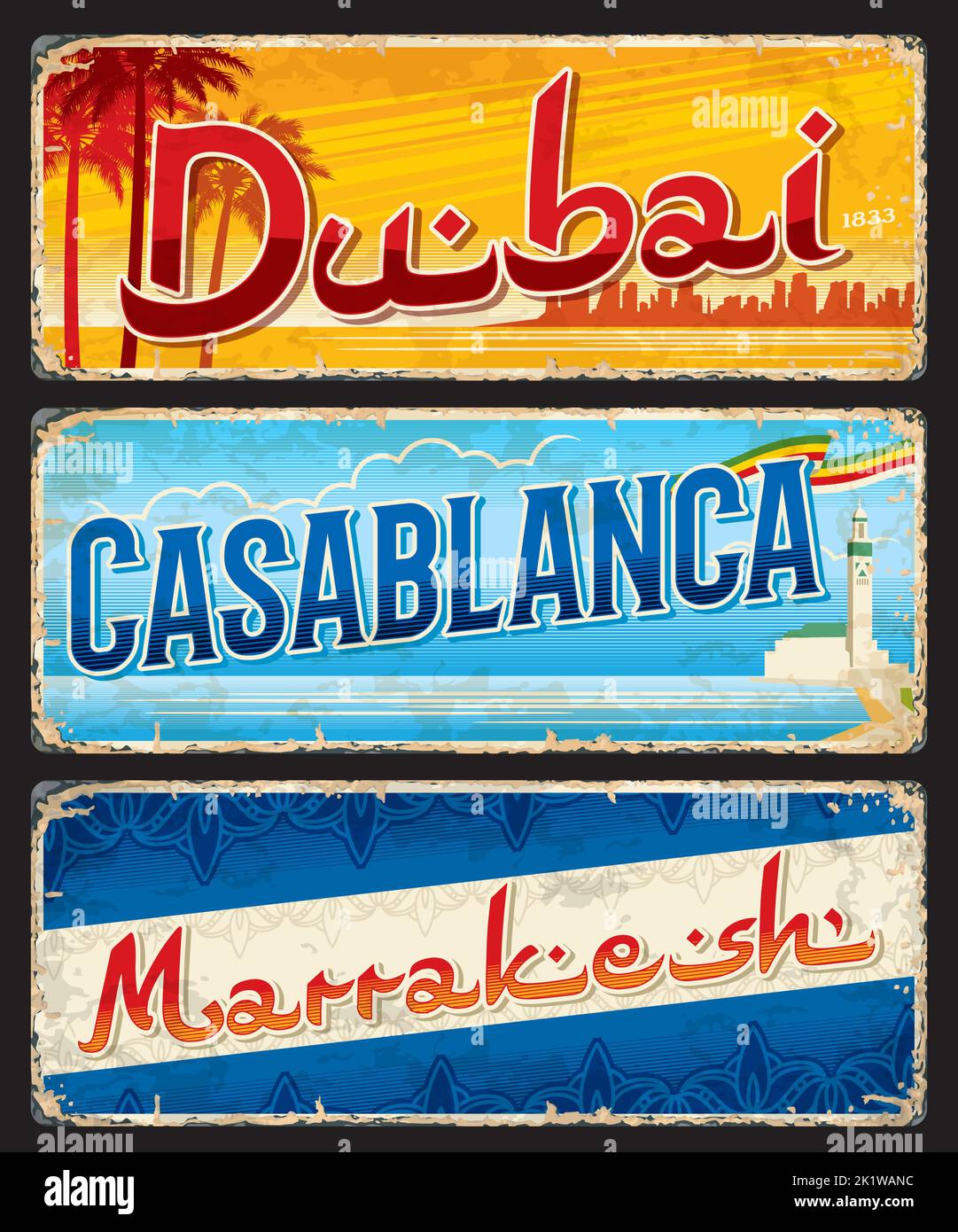 Dubai, Casablanca, Marrakech, adesivi e targhe viaggio città, segni vintage vettore. Emirati Arabi Uniti e Marocco capitale viaggiare retro adesivi, destinazione viaggio Tin segni ed etichette per bagagli Illustrazione Vettoriale