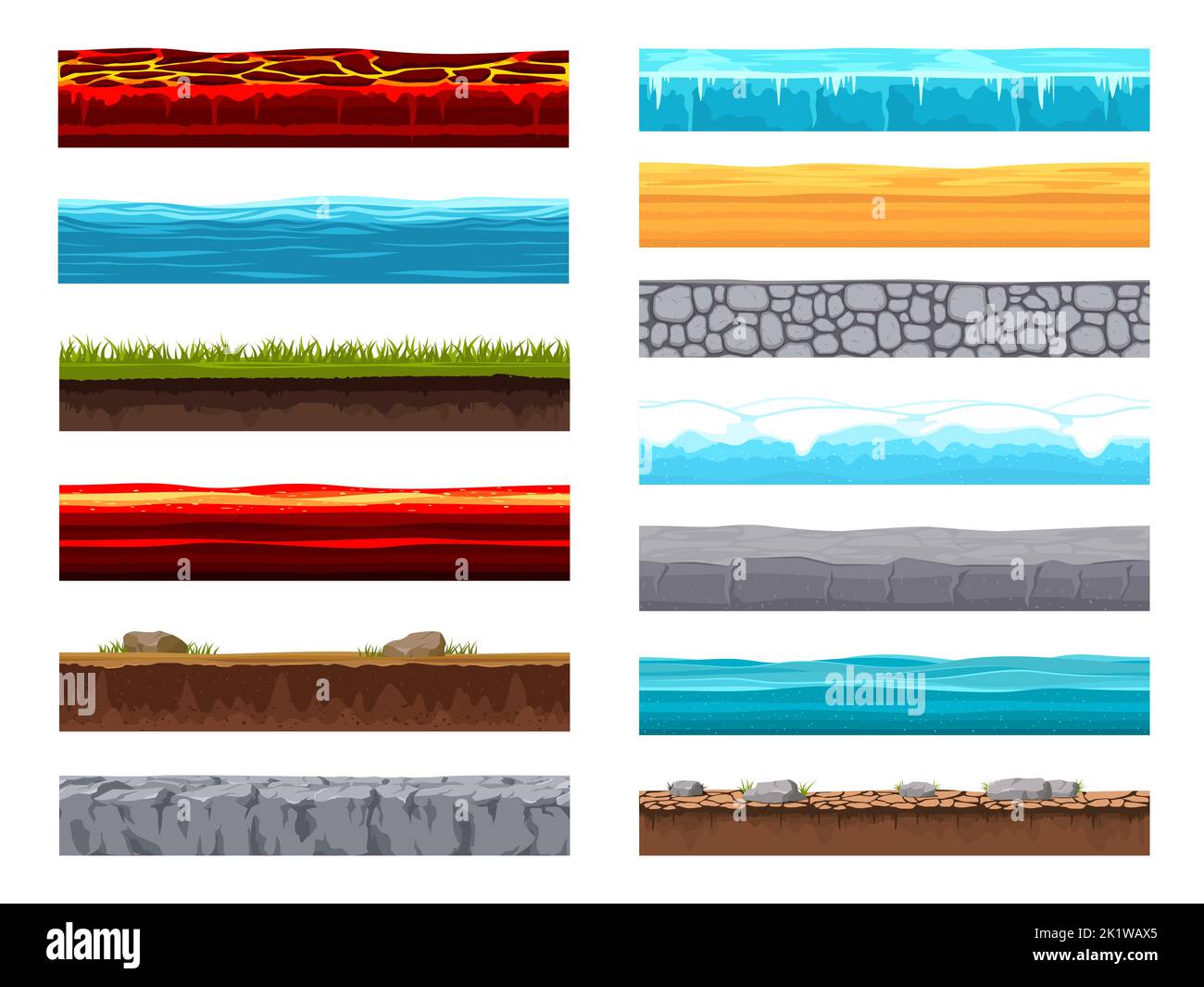 Terreno livello terra, cartoon gioco livello superficie paesaggio. Texture vettoriali di lava, ghiaccio, mare, stagno d'acqua, strada asfaltata, campo verde, deserto sabbia croce sec Illustrazione Vettoriale