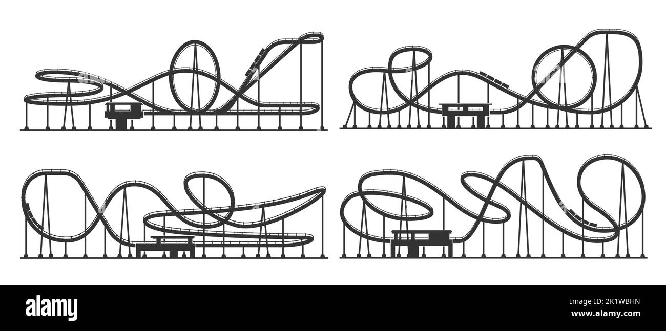 Roller coaster loop, rollercoaster silhouette di giro parco divertimenti, silhouette vettoriale isolata. Roller coaster loop ombra in parco a tema o giostre carnevale luna Park, treno rollercoaster in pista Illustrazione Vettoriale