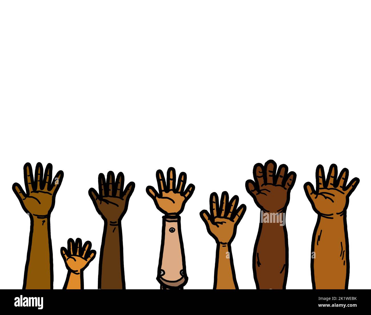 Gruppo di diversità di mani nero afro-americane che si alzano come simbolo di uguaglianza di razza, etnia e persone con disabilità. Foto Stock