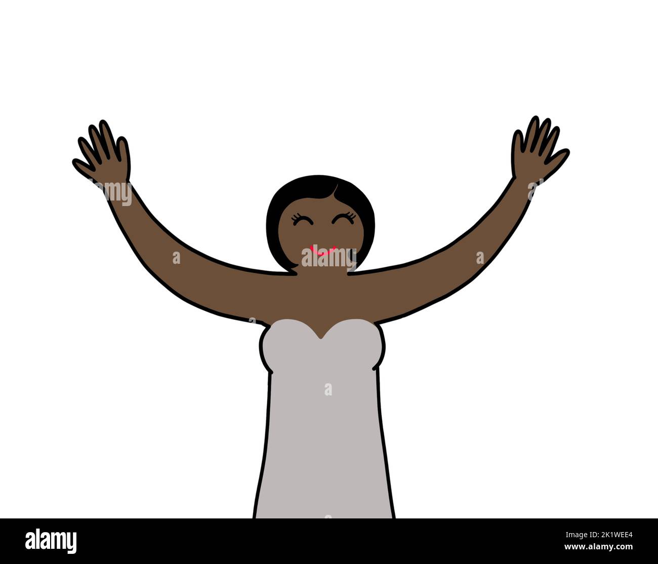 Una giovane donna afroamericana che alza le braccia e le mani in su, sorridendo. Emozione felice positiva. Libertà, relax, fiducia in se stessi e bene Foto Stock