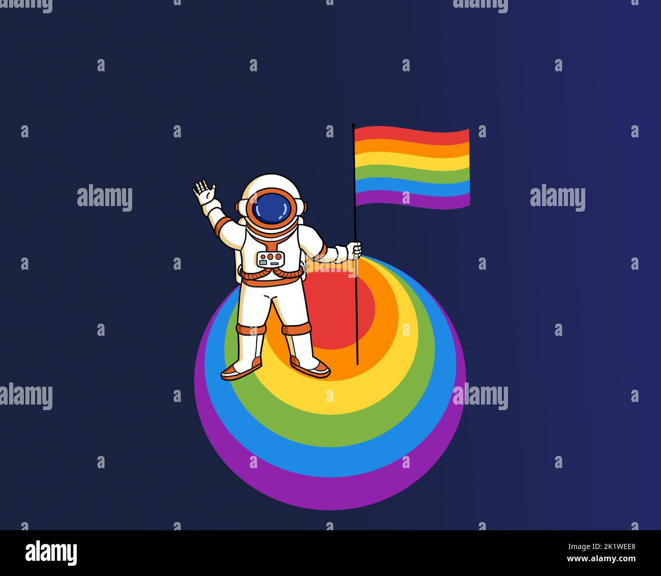 Un astronauta che tiene una bandiera arcobaleno di orgoglio gay. LGBTQ vincitore successo leadership e concetto di diversità. Foto Stock