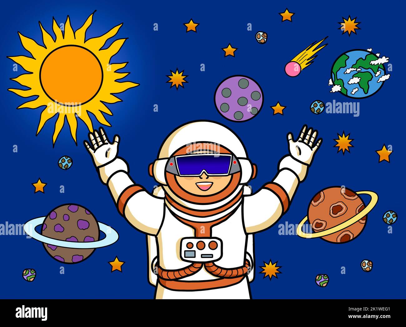 Astronauta della realtà virtuale nell'universo spaziale. Una persona che indossa occhiali VR con sole, terra e stelle sullo sfondo. Fantascienza futuristica metaverse Foto Stock