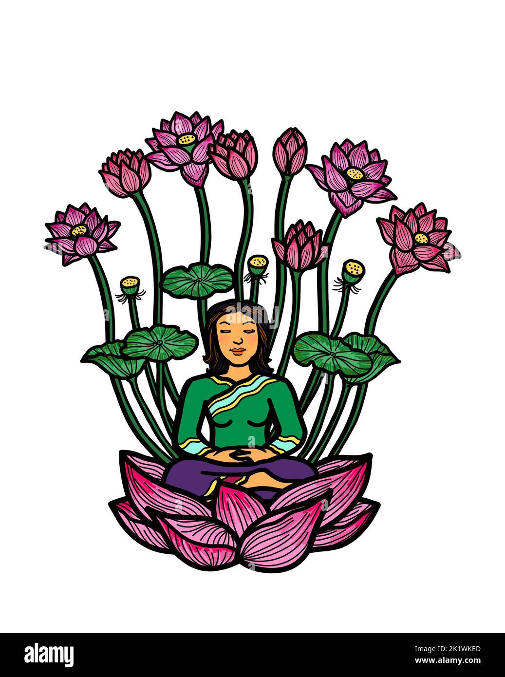 Una giovane donna caucasica seduta in loto posa meditare. Meditazione buddista pratica per la consapevolezza, la pace, l'armonia con la natura. Foto Stock