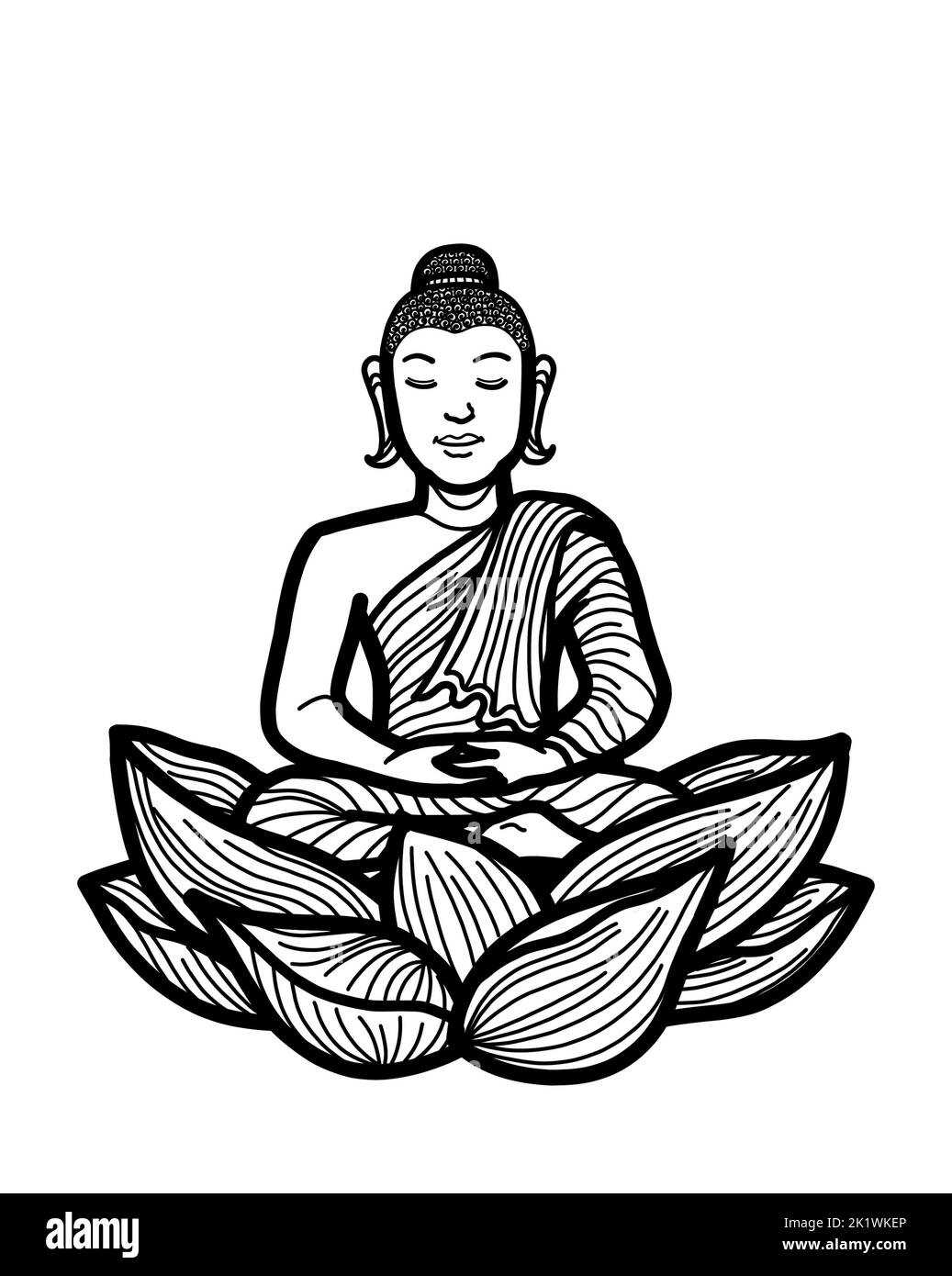 Gautama Buddha seduto in loto posa meditare. Pratica di meditazione buddista per l'illuminazione, la consapevolezza, la pace, l'armonia e la spiritualità. Foto Stock