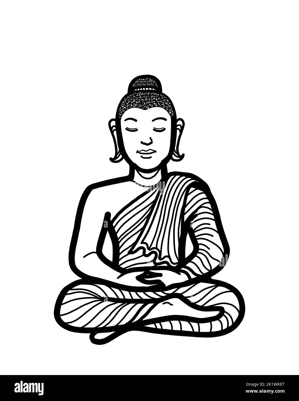 Gautama Buddha seduto in loto posa meditare. Pratica di meditazione buddista per l'illuminazione, la consapevolezza, la pace, l'armonia e la spiritualità. Foto Stock