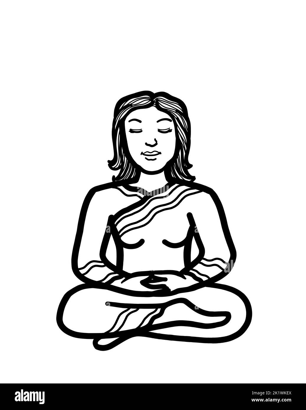 Una giovane donna caucasica seduta in loto posa meditare. Meditazione buddista pratica per la consapevolezza, la pace, l'armonia e il benessere. Foto Stock