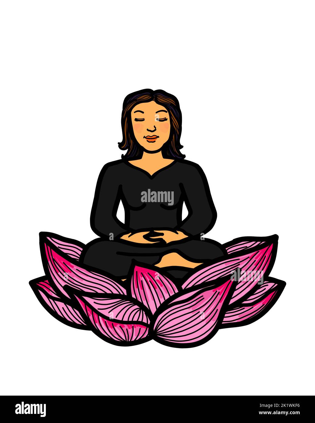 Una giovane donna caucasica seduta in loto posa meditare. Meditazione buddista pratica per la consapevolezza, la pace, l'armonia e il benessere. Foto Stock