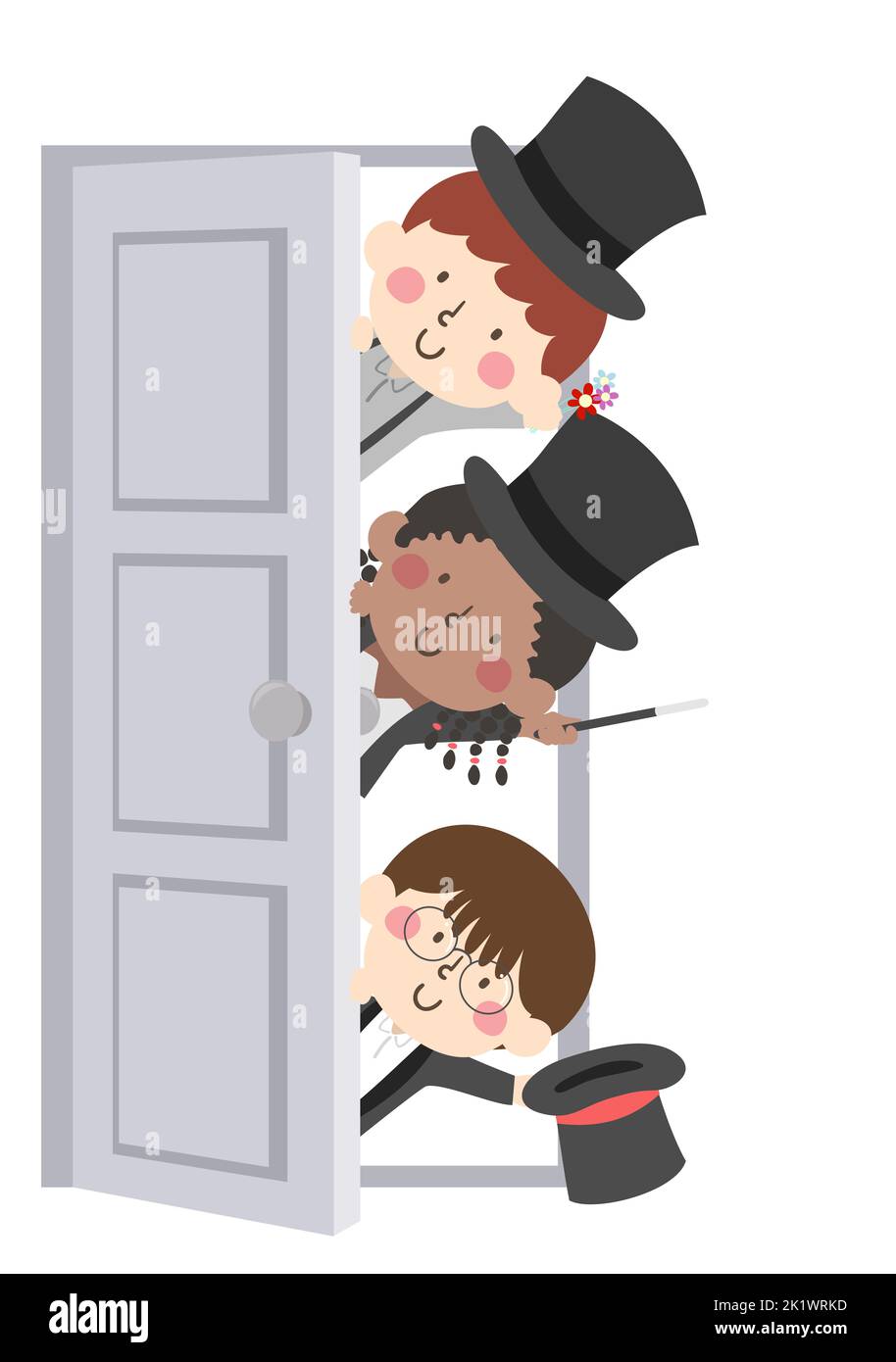Illustrazione di bambini che indossano cappelli da mago e uniforme che aprono la porta Foto Stock