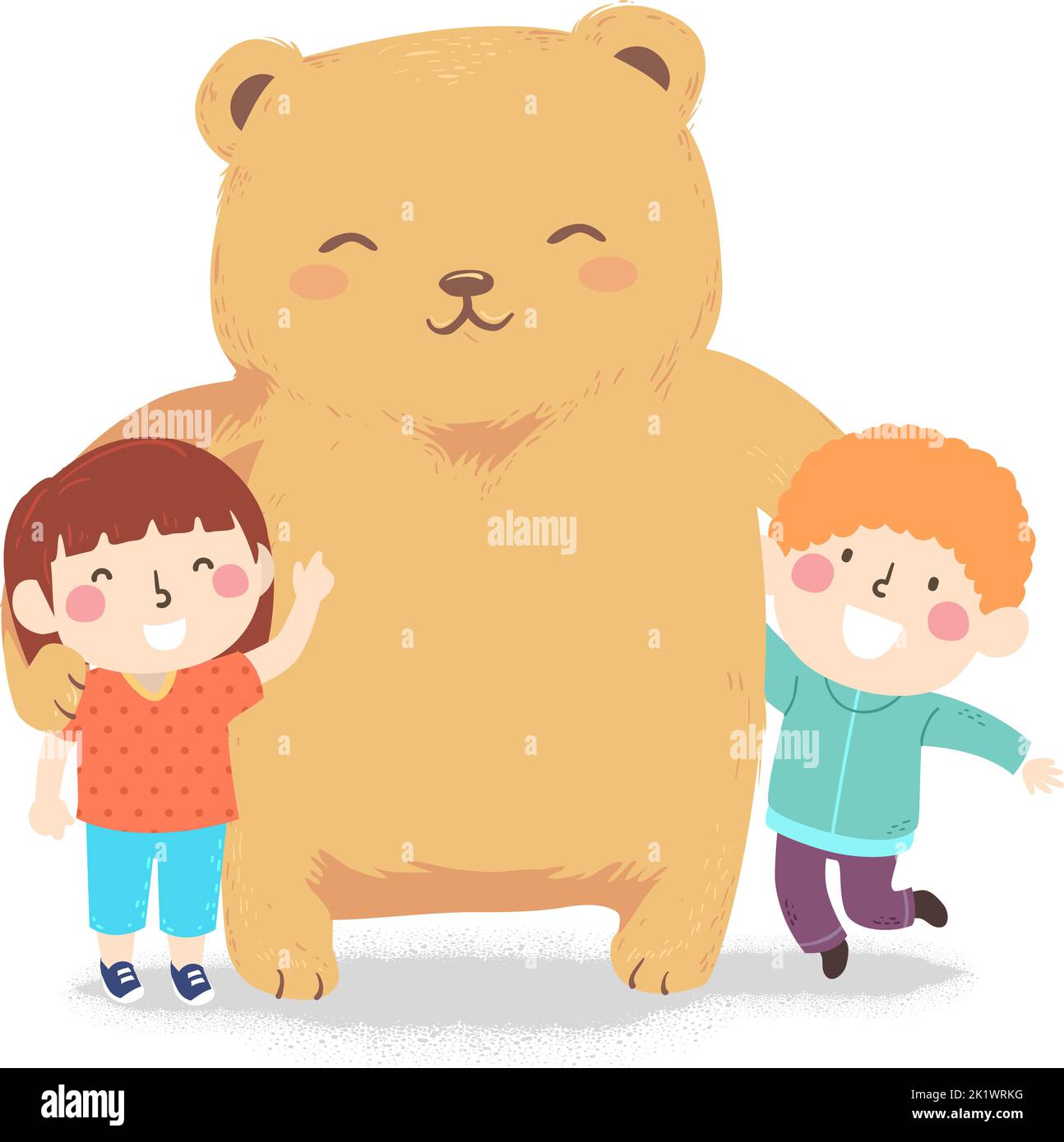 Illustrazione di bambini sorridenti felicemente con una mascotte dell'orso del giocattolo grande e carino bruno stuffed Foto Stock