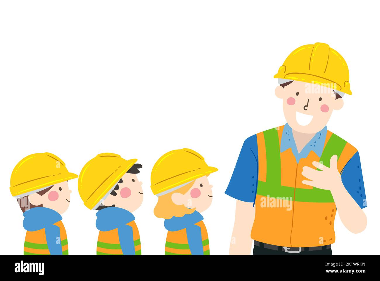 Illustrazione di bambini che indossano il cappello duro giallo e il gilet riflettente che ascoltano ad un tecnico che parla Foto Stock